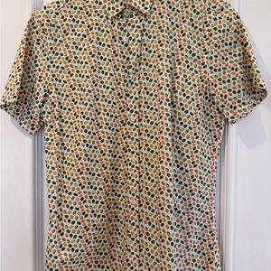 Zara Short-Sleeve Button-Down Shirt in Cream with Green & Orange Dot Print